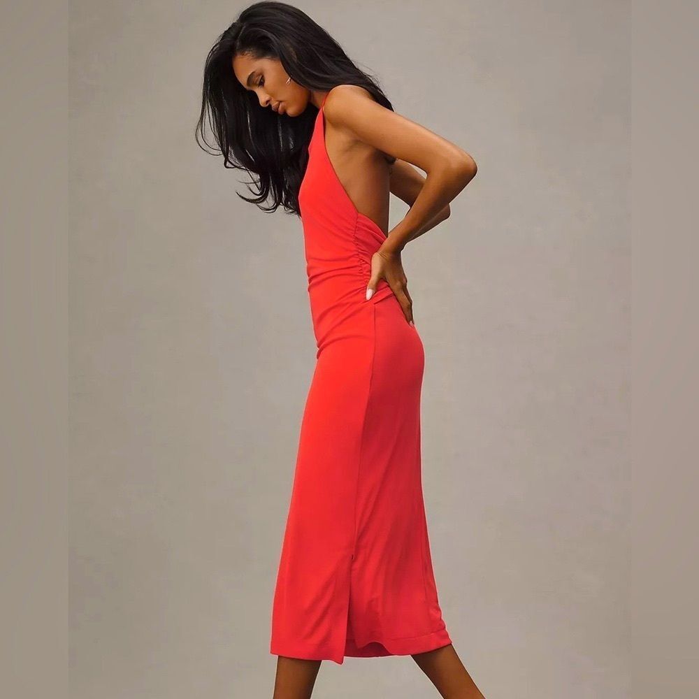 By Anthropologie Vibrant Red Orange Slinky Knit Halter Dress Size XL NWT
